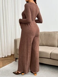 SHEIN جمبسوت كاجوال للحوامل للتنقل اليومي بلون موحد وأكمام طويلة للخريف - بني - مشاهدة 5
