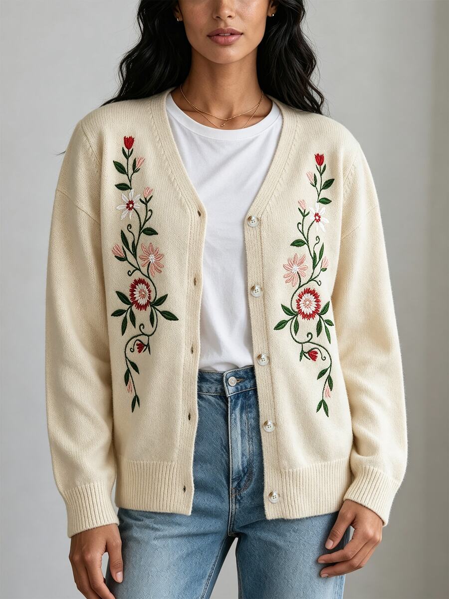 SHEIN Women's Knitted Cardigan Sweater With Floral Embroidery - Apricot - View 1