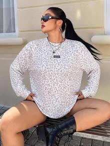 Muchica Plus Size Casual Leopard Print Sweatshirt, Spring/Autumn Brunch Office White Fall - Multicolor - View 6