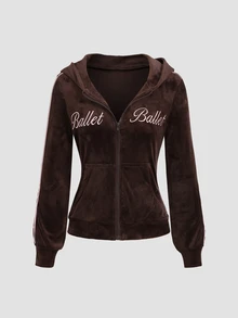 Sweetra Women's Spring/Autumn Brown Slimming Fitted Front Embroidered Decor Side Seam Ribbon Silver Fox Fur Sexy Long Sleeve Hooded Jacket - Brown - View 1