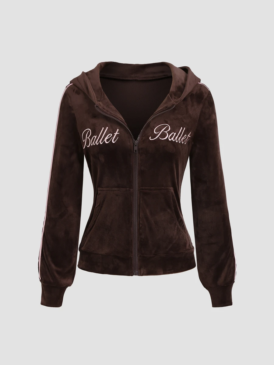 Sweetra Women's Spring/Autumn Brown Slimming Fitted Front Embroidered Decor Side Seam Ribbon Silver Fox Fur Sexy Long Sleeve Hooded Jacket - Brown - View 1