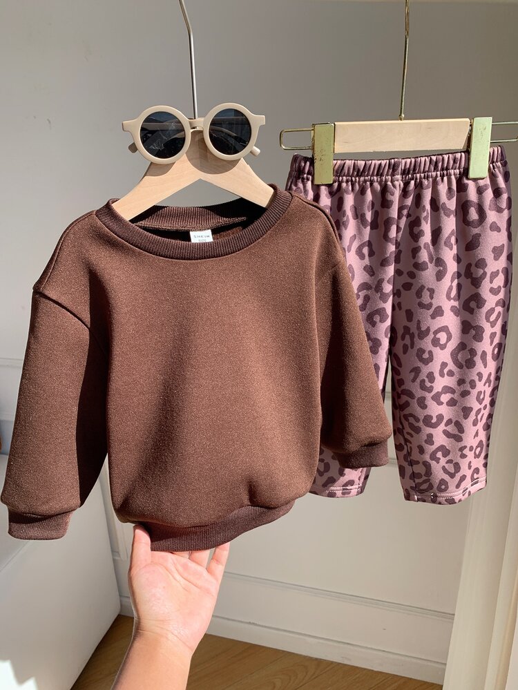 Baby Boy Baby Girl Toddler Boy Christmas Autumn/Winter 2 Pieces Set Long Sleeve Printed Sweatshirt & Leopard Print Straight Leg Pants, Comfortable Versatile Casual Daily Fashion Sporty Minimalist All-Match Style, Suitable For Indoor, Outdoor, Daily, Sports, Photography In Spring, Summer, Autumn, Winter - Coffee Brown - View 3