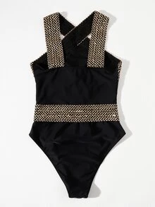 Swim Chiccia Summer Beach Contrast Binding Criss Cross One Piece Swimsuit - Black - View 7