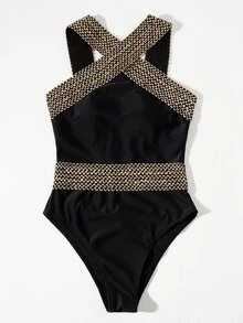 Swim Chiccia Summer Beach Contrast Binding Criss Cross One Piece Swimsuit - Black - View 6