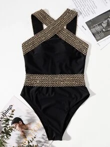Swim Chiccia Summer Beach Contrast Binding Criss Cross One Piece Swimsuit - Black - View 10