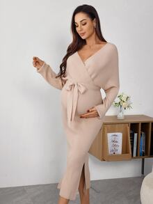 GentleRue Maternity 孕婦純色交叉裹身蝙蝠袖時尚優雅長袖針織洋裝 - 駝色 - 查看 4