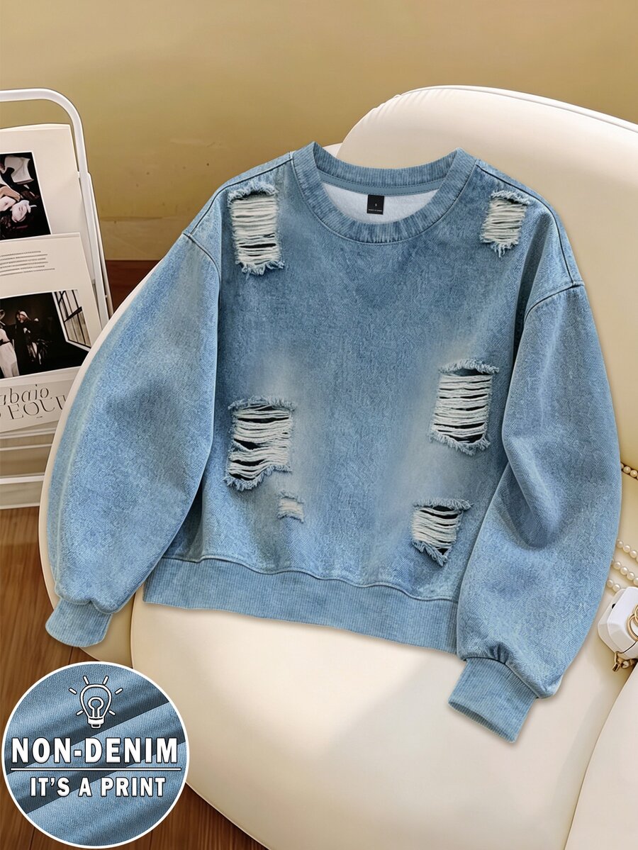 Resyla Women's Crew Neck Denim Effect Print Long Sleeve Pullover Sweatshirt - Multicolor - View 1