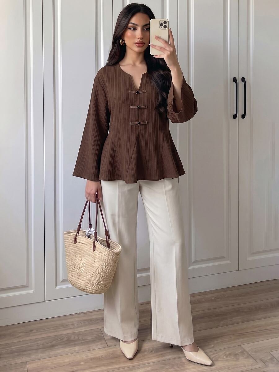 Elenzga Women's Autumn/Winter Fashion Minimalist Style Frog Button & Patchwork Design Brown Wave Wrinkle Fabric Shirt, Suitable For Daily Commute, Outings, Home, And Walking - Brown - View 1
