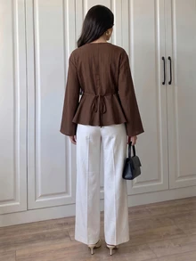 Elenzga Women's Autumn/Winter Fashion Minimalist Style Frog Button & Patchwork Design Brown Wave Wrinkle Fabric Shirt, Suitable For Daily Commute, Outings, Home, And Walking - Brown - View 2