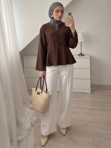 Elenzga Women's Autumn/Winter Fashion Minimalist Style Frog Button & Patchwork Design Brown Wave Wrinkle Fabric Shirt, Suitable For Daily Commute, Outings, Home, And Walking - Brown - View 3