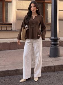 Elenzga Women's Autumn/Winter Fashion Minimalist Style Frog Button & Patchwork Design Brown Wave Wrinkle Fabric Shirt, Suitable For Daily Commute, Outings, Home, And Walking - Brown - View 5