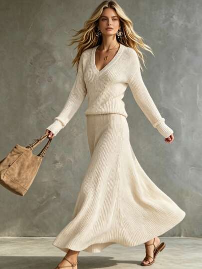 SHEIN Fall/Winter Homecoming National Day New Year Going Out Renaissance Luxury Classic Beige V-Neck Elegant Casual Party Top/Long Skirt Women's Sweater Set