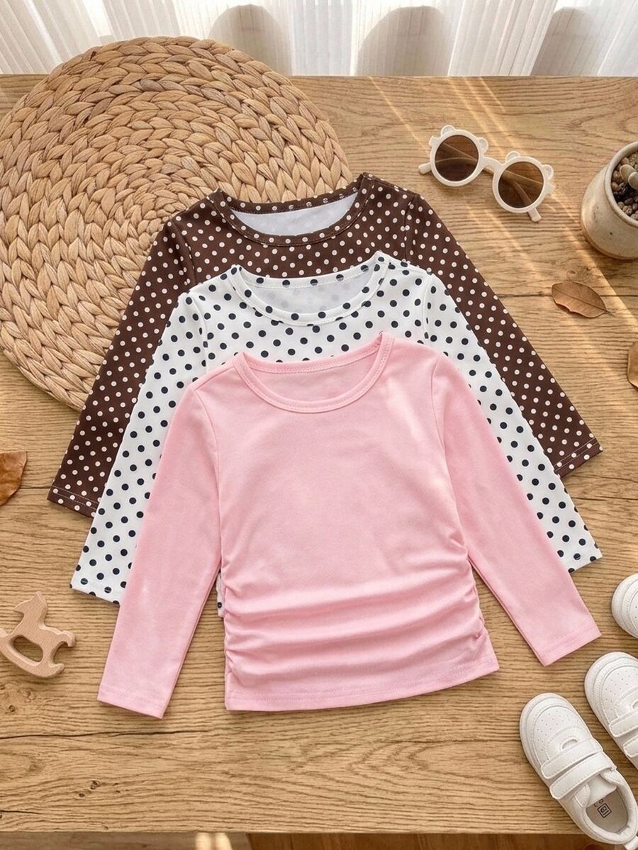 SHEIN Young Girl Knitted Long Sleeve Base Layer Top, Spring/Autumn Young Girls Round Neck Slim Fit T-Shirt, Solid Color Polka Dot Ruched Blouse 3 Pieces Set - Multicolor - View 1