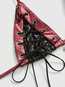 ROMWE Hippie Y2K Sexy Lace-Up Fuzzy Bikini Two Pieces Set For Women - Burgundy - View 3