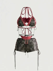 ROMWE Hippie Y2K Sexy Lace-Up Fuzzy Bikini Two Pieces Set For Women - Burgundy - View 1
