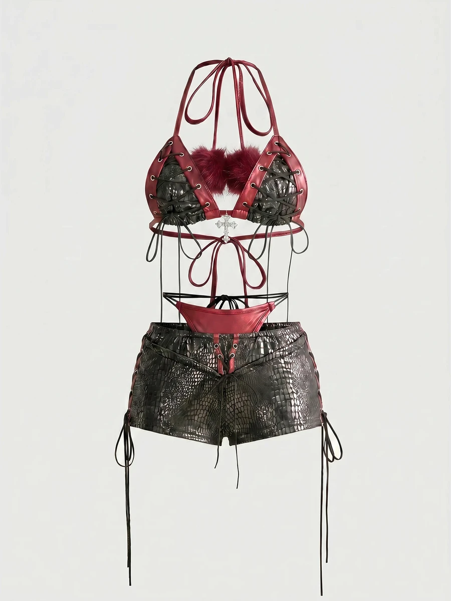 ROMWE Hippie Y2K Sexy Lace-Up Fuzzy Bikini Two Pieces Set For Women - Burgundy - View 1