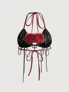 ROMWE Hippie Y2K Sexy Lace-Up Fuzzy Bikini Two Pieces Set For Women - Burgundy - View 7