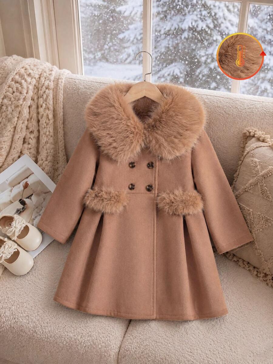 SHEIN Girls' Brown Double-Breasted Fur Collar Overcoat With Pockets And Fur Trim, Mid-Length Fall/ Wool Jacket Winter - Mocha Brown - View 1