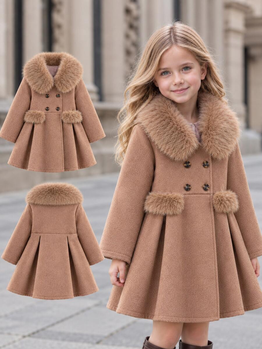 SHEIN Áo khoác dạ dáng dài cho bé gái màu nâu, hai hàng cúc, cổ lông, có túi và viền lông, mặc mùa thu/đông - Màu nâu Mocha - Xem 1