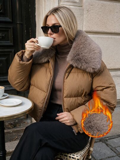 Pariaura Women's Chocolate Brown Water-Resistant Cropped Quilted Puffer Jacket With Faux Fur Collar