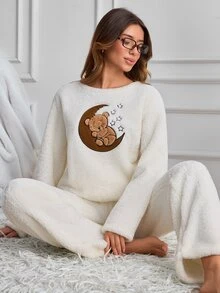 SHEIN طقم بيجامة كاجوال من القطيفة برسومات دب تيدي نائم وقمر لطيف - أبيض - مشاهدة 5