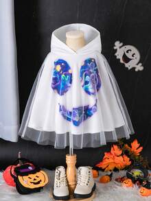SHEIN 兒童女童萬聖節幽靈印花網布拼接連帽衛衣 - 白色 - 查看 8