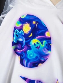 SHEIN 兒童女童萬聖節幽靈印花網布拼接連帽衛衣 - 白色 - 查看 10
