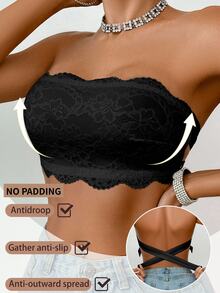 SHEIN 1pc Women Lace Wireless Bandeau Bra - Black - View 4