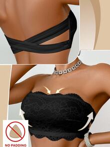 SHEIN 1pc Women Lace Wireless Bandeau Bra - Black - View 6
