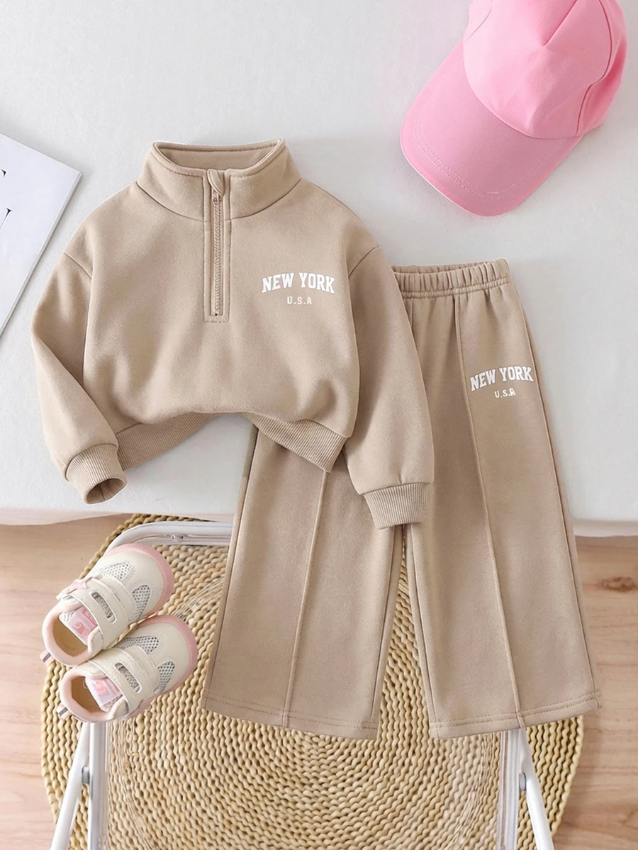SHEIN 2pcs Baby Girl Fleece Sweatshirt & Pants Set, Embroidered Letter Design, Suitable For Outdoor And Indoor Wear, Autumn/Winter - Khaki - View 1