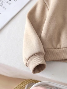 SHEIN 2pcs Baby Girl Fleece Sweatshirt & Pants Set, Embroidered Letter Design, Suitable For Outdoor And Indoor Wear, Autumn/Winter - Khaki - View 4