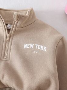 SHEIN 2pcs Baby Girl Fleece Sweatshirt & Pants Set, Embroidered Letter Design, Suitable For Outdoor And Indoor Wear, Autumn/Winter - Khaki - View 5