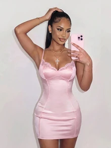 Amplova Solid Crop Cape & Satin Bodycon Dress - Pink - View 3