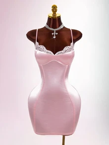 Amplova Solid Crop Cape & Satin Bodycon Dress - Pink - View 6