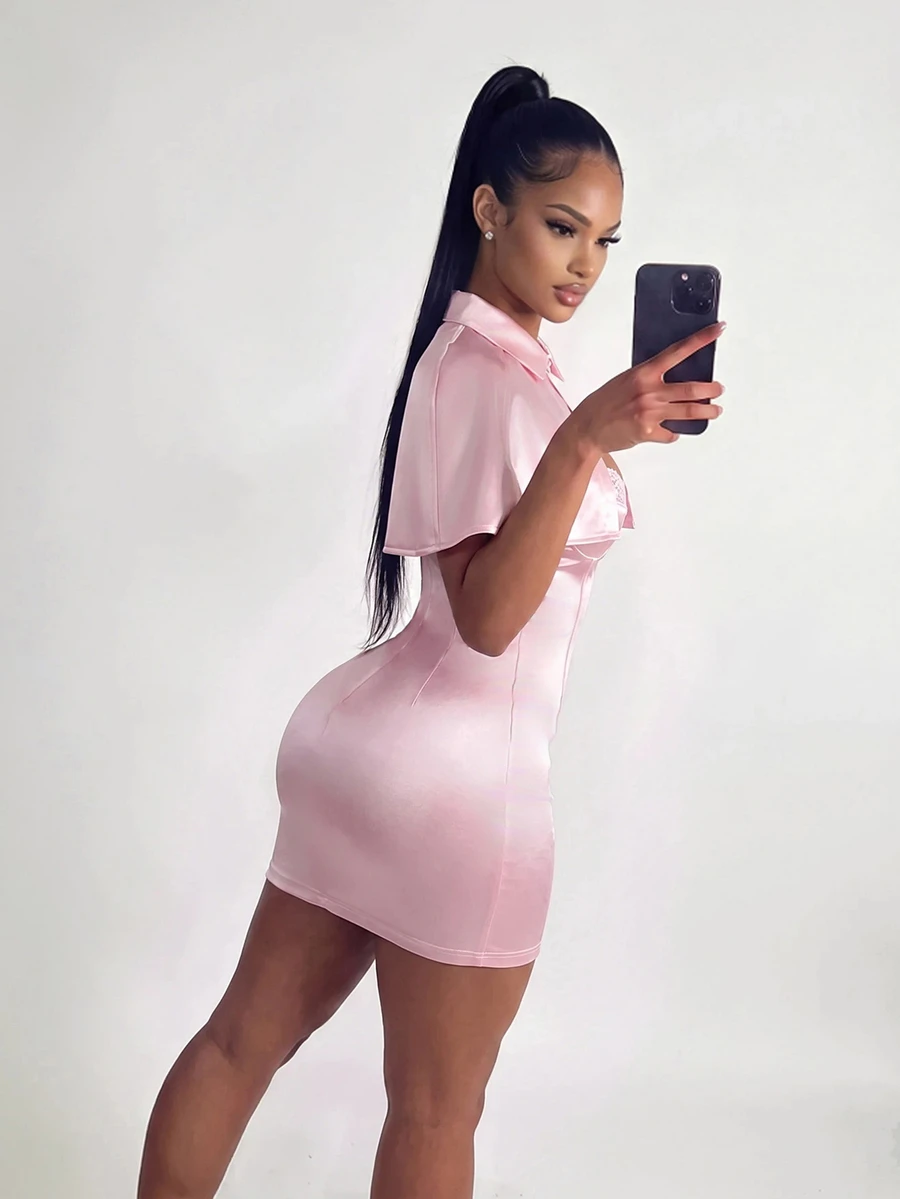 Amplova Solid Crop Cape & Satin Bodycon Dress - Pink - View 1