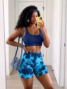 Solea Cove Blue Tie-Dye Athletic Shorts, High-Waisted Butt-Lifting Tight-Fitting Shaping Yoga Shorts - Blue - View 2
