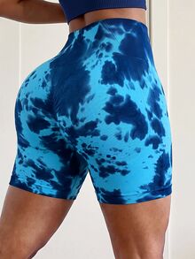 Solea Cove Blue Tie-Dye Athletic Shorts, High-Waisted Butt-Lifting Tight-Fitting Shaping Yoga Shorts - Blue - View 6