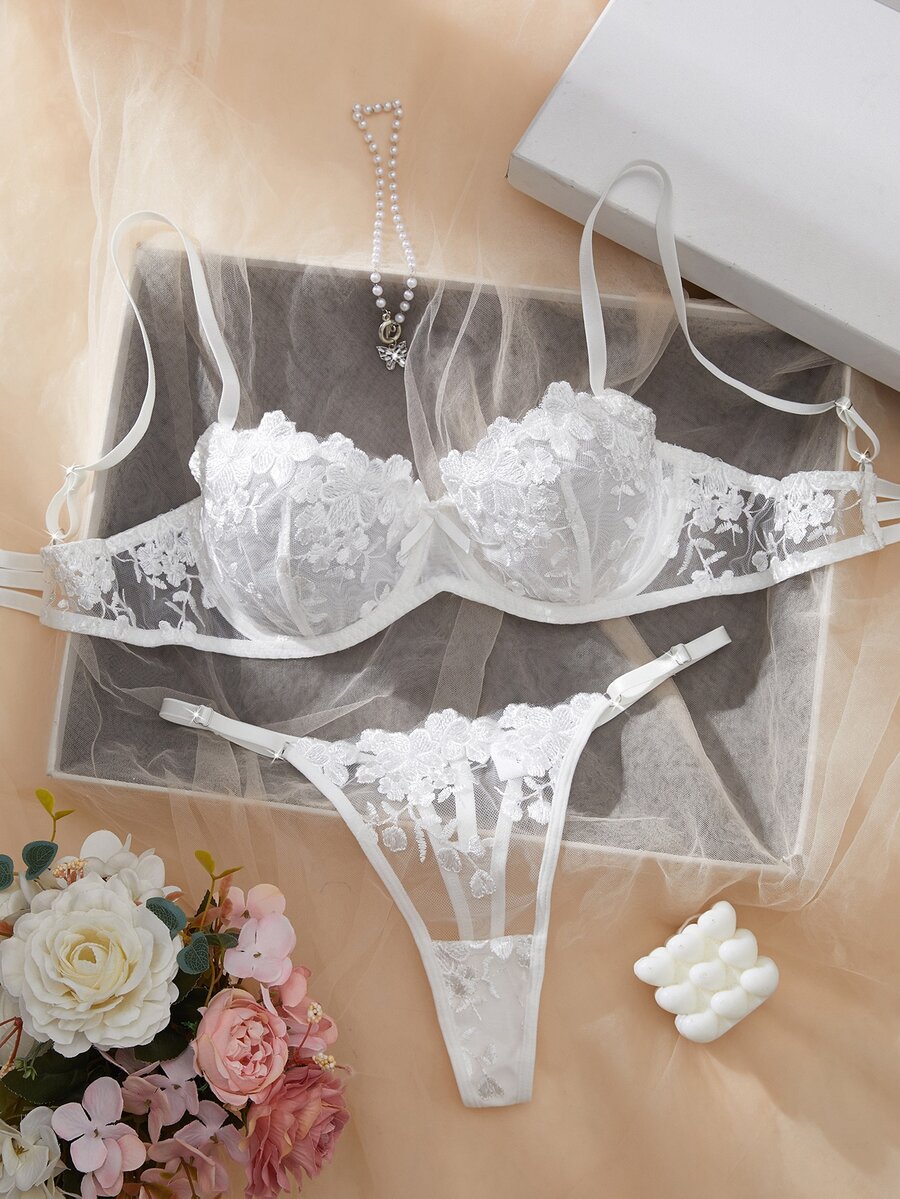 SHEIN 2 件套女士网眼刺绣内衣套装 - 白色 - 查看 1