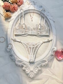 SHEIN 2 件套女士网眼刺绣内衣套装 - 白色 - 查看 7