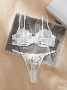SHEIN 2 件套女士网眼刺绣内衣套装 - 白色 - 查看 2