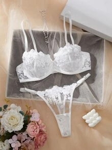 SHEIN 2 件套女士网眼刺绣内衣套装 - 白色 - 查看 4