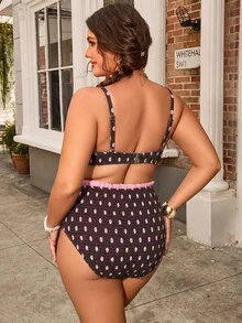 SHEIN Swim 大尺碼女款甜美水果印花V領細肩帶泳裝套裝，適合春夏季海邊度假 - 彩色 - 查看 2