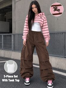 SHEIN 青少年粉棕拼色條紋小馬印花運動衫上衣 白色極簡主義細肩帶背心 休閒錐腿長褲 六年級 郵輪 秋季 - 彩色 - 查看 10