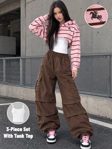SHEIN 青少年粉棕拼色條紋小馬印花運動衫上衣 白色極簡主義細肩帶背心 休閒錐腿長褲 六年級 郵輪 秋季 - 彩色 - 查看 8