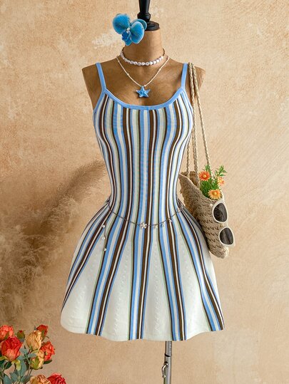 Soleia Women's Striped Colorblock Minimalist Versatile Spaghetti Strap Knit Dress,Beach Fashion,Festival,Vacation,Casual