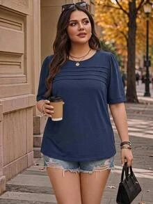 Rosumi Plus Size Women's Round Neck Short Sleeve Solid Color T-Shirt Date Night Office Navy Blue Summer Casual - Navy Blue - View 1