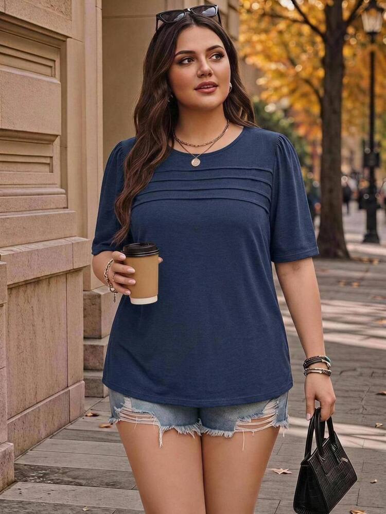 Rosumi Kaos Wanita Ukuran Besar Leher Bulat Lengan Pendek Warna Polos - Navy Blue - View 1