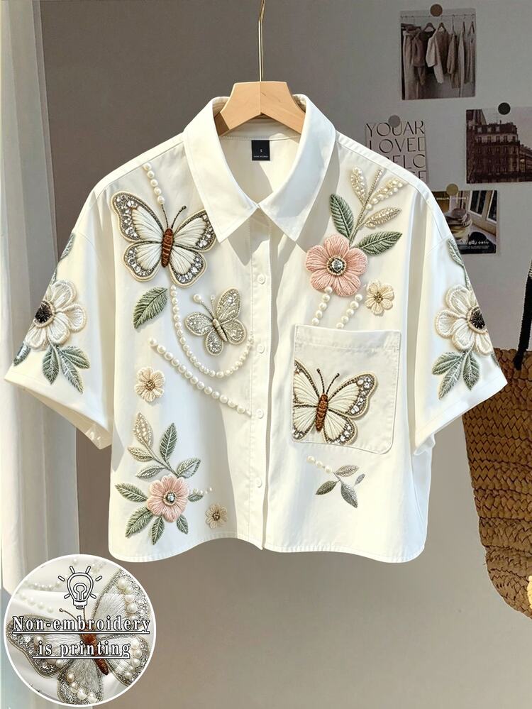 Resyla Plus Size Women's Vacation Butterfly Floral Print Pocket Short Sleeve Top - Multicolor - View 1