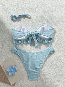 Swim Vcay Spring/Summer Solid Color Shoulder Strap Jacquard Fabric Non-Wired Bow Decor Cute Beach Vacation Swimwear Set - Baby Blue - View 7