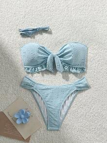 Swim Vcay Spring/Summer Solid Color Shoulder Strap Jacquard Fabric Non-Wired Bow Decor Cute Beach Vacation Swimwear Set - Baby Blue - View 2